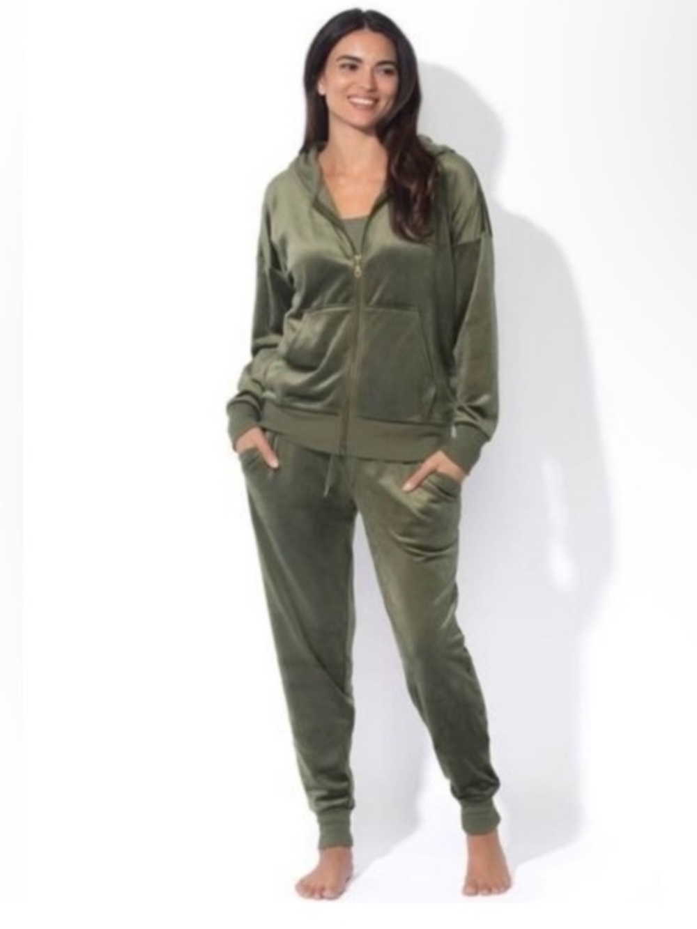 Felina Olive Velour Zip Hoodie & Jogger Lounge Set
